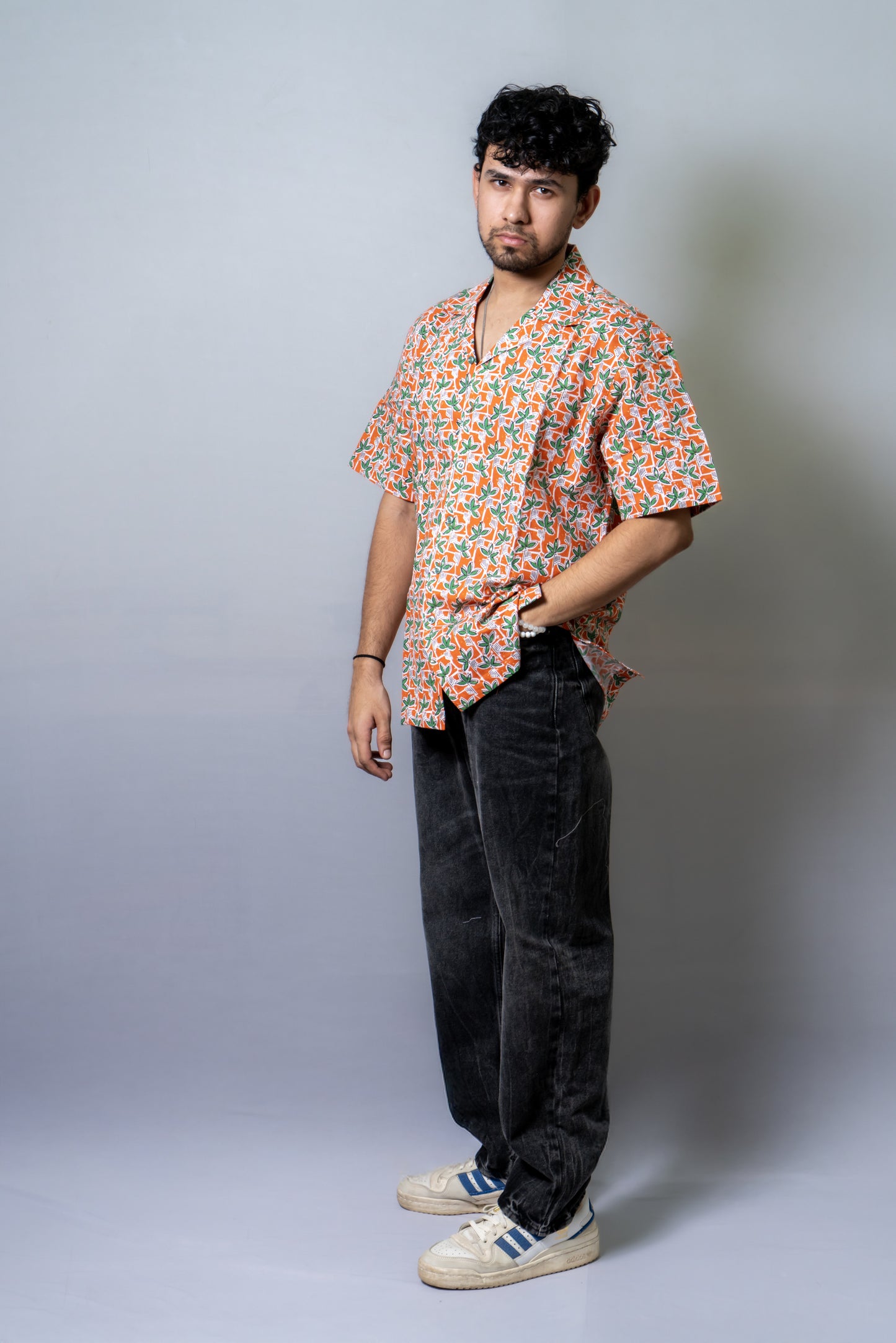 Linen Floral Printed Shirt The Leafy Panel- Tangerine