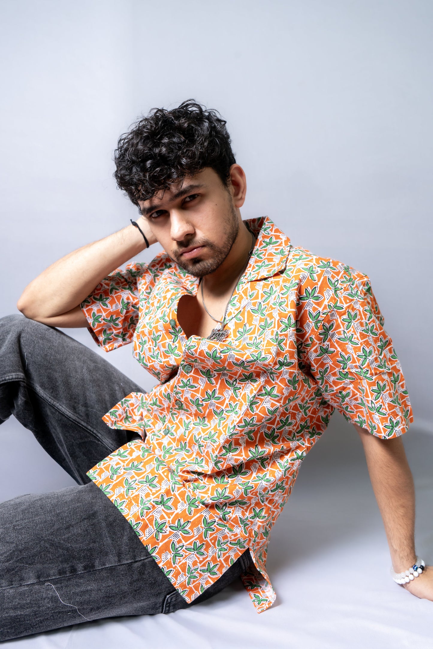 Linen Floral Printed Shirt The Leafy Panel- Tangerine